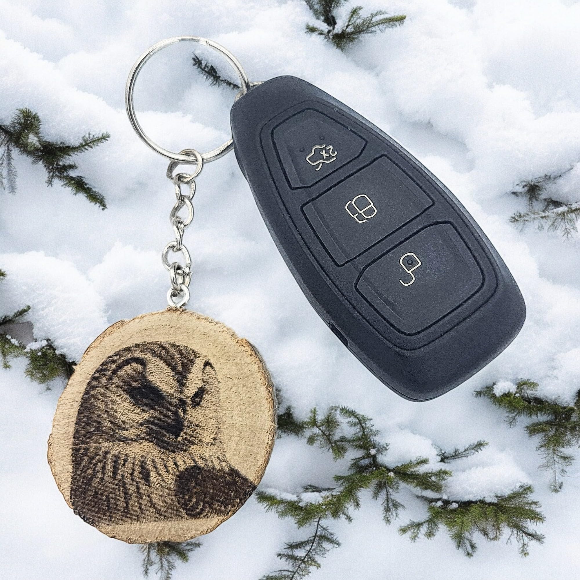 Schnee-Eule Greifvogel Lasergravierter Holz Schlüsselanhänger