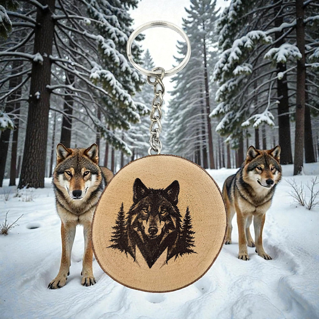 Wolf im geometrischen Design Lasergravierter Holz Schlüsselanhänger
