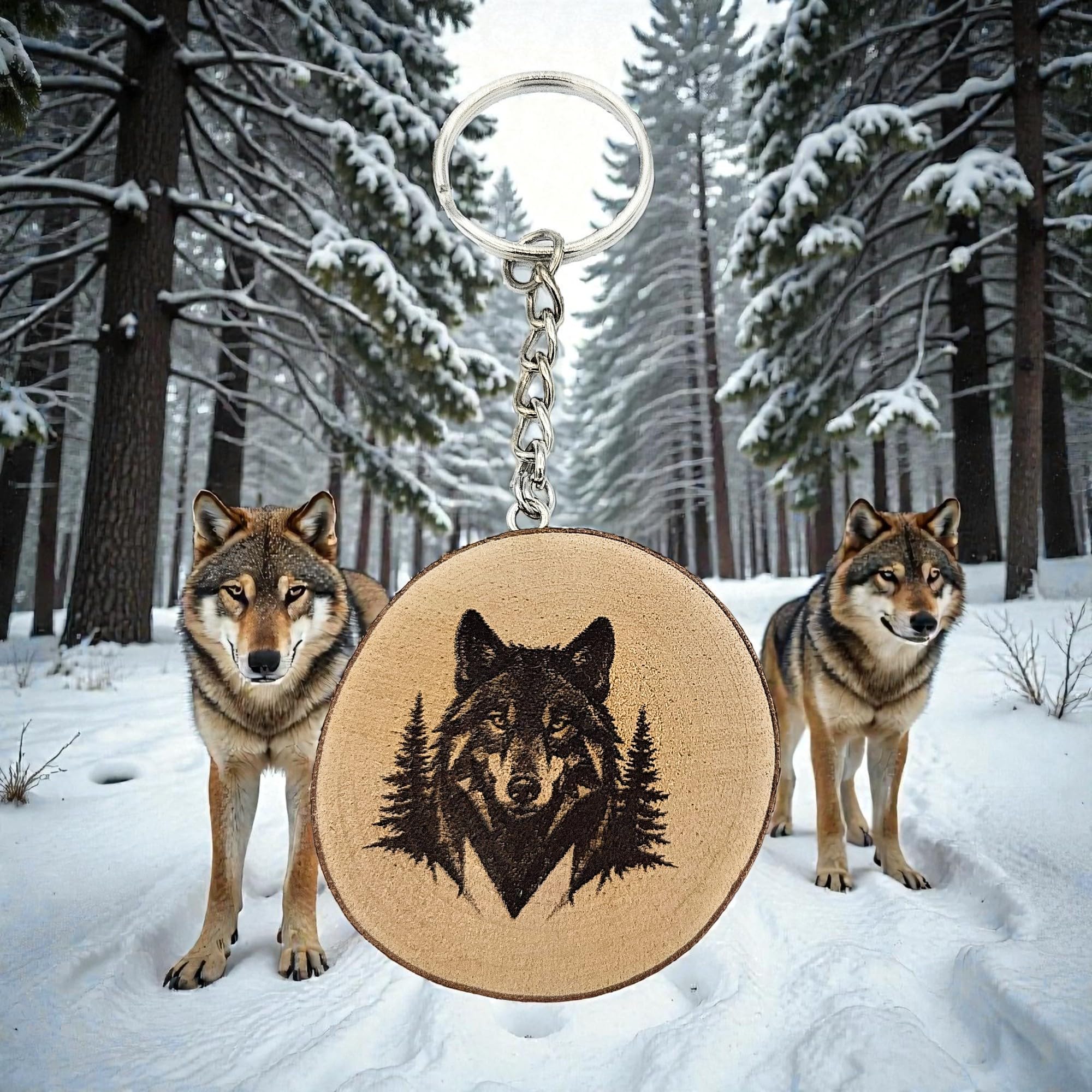 Wolf im geometrischen Design Lasergravierter Holz Schlüsselanhänger