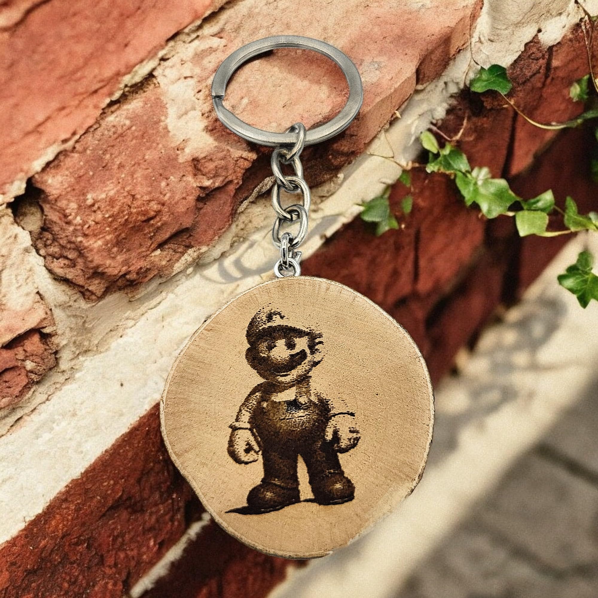 Promotech Gamer Mario Schlüsselanhänger – Handgefertigter, lasergravierter Einzelstück-Schlüsselanhänger aus Naturholz für Gaming-Fans