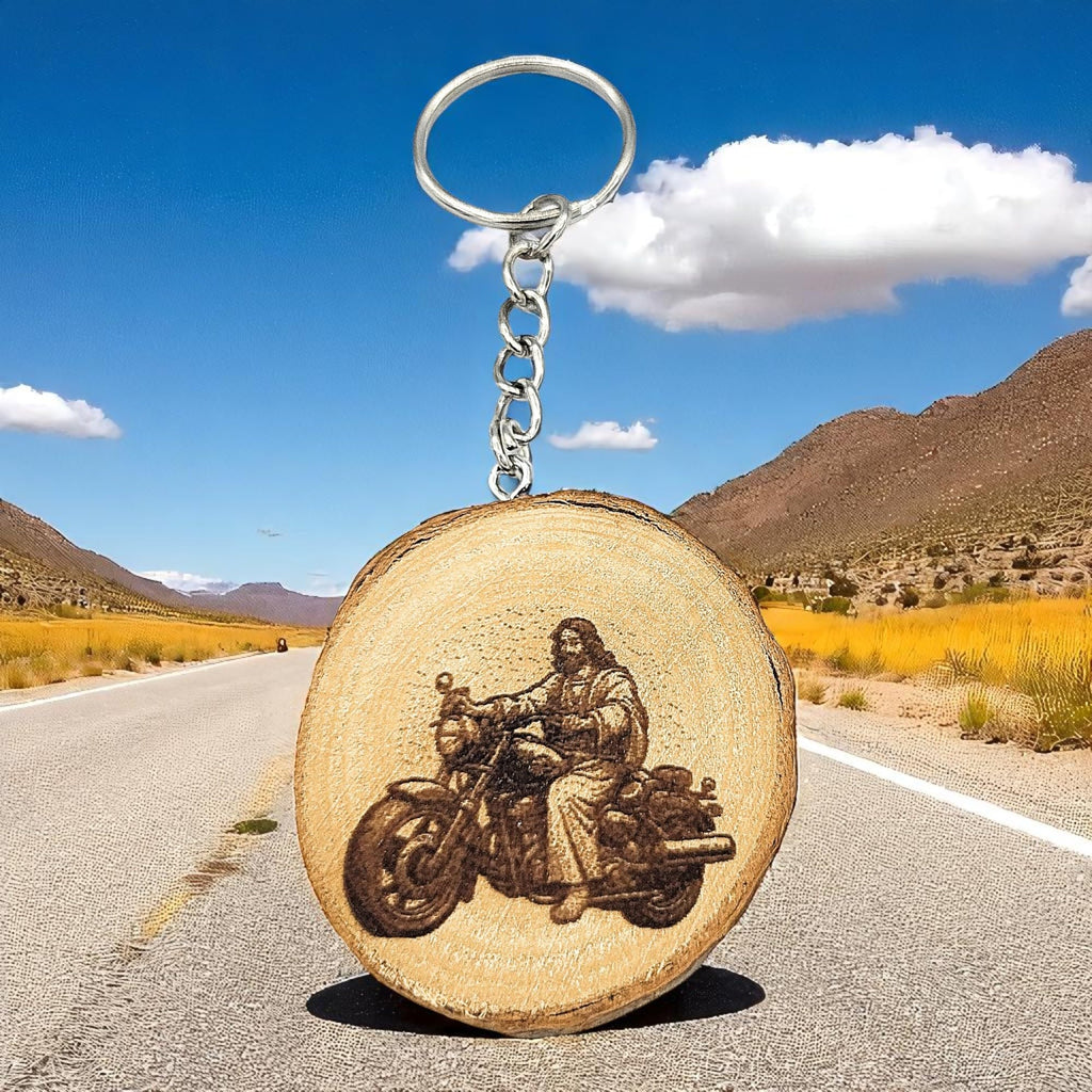 Jesus auf Motorrad mit Lasergravur Lasergravierter Holz Schlüsselanhänger