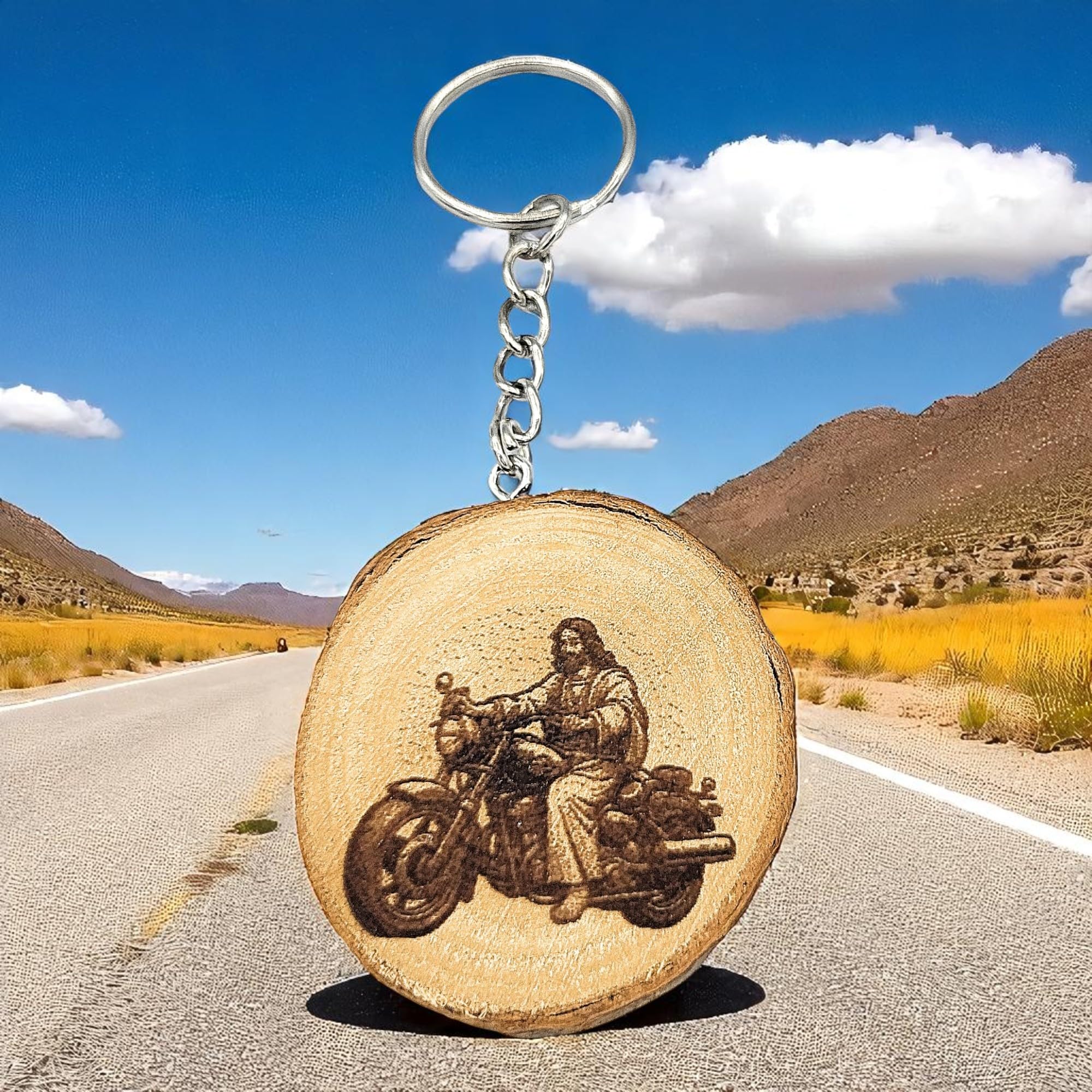 Jesus auf Motorrad mit Lasergravur Lasergravierter Holz Schlüsselanhänger