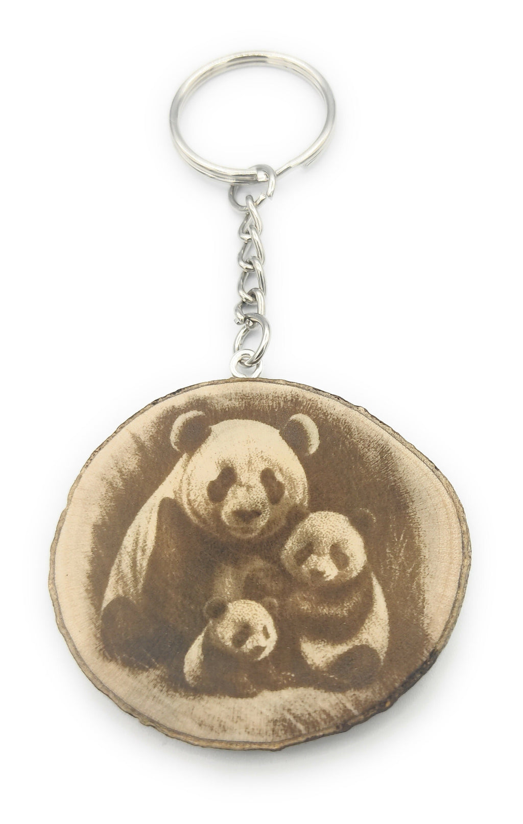 Glückliche Panda Familie Handgefertigter und naturbelassener Einzelstück Lasergravierter Schlüsselanhänger aus Holz