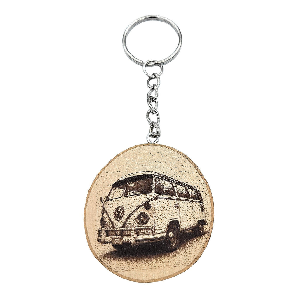 Legendäres Camper Van Handgefertigter und naturbelassener Einzelstück Schlüsselanhänger aus Holz