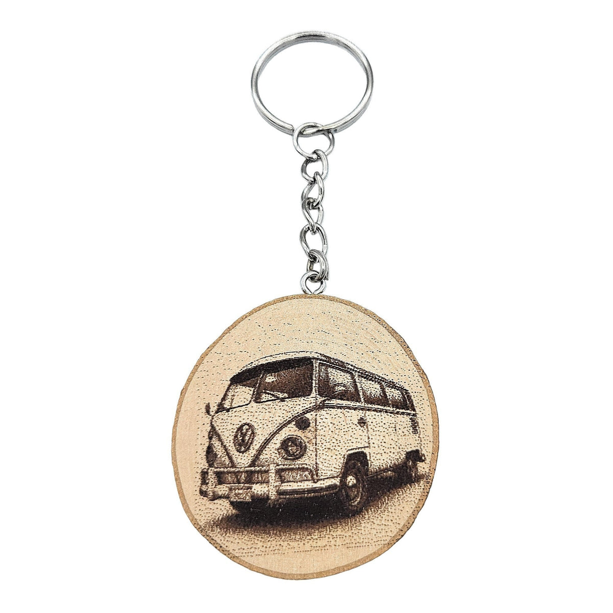 Legendäres Camper Van Handgefertigter und naturbelassener Einzelstück Schlüsselanhänger aus Holz