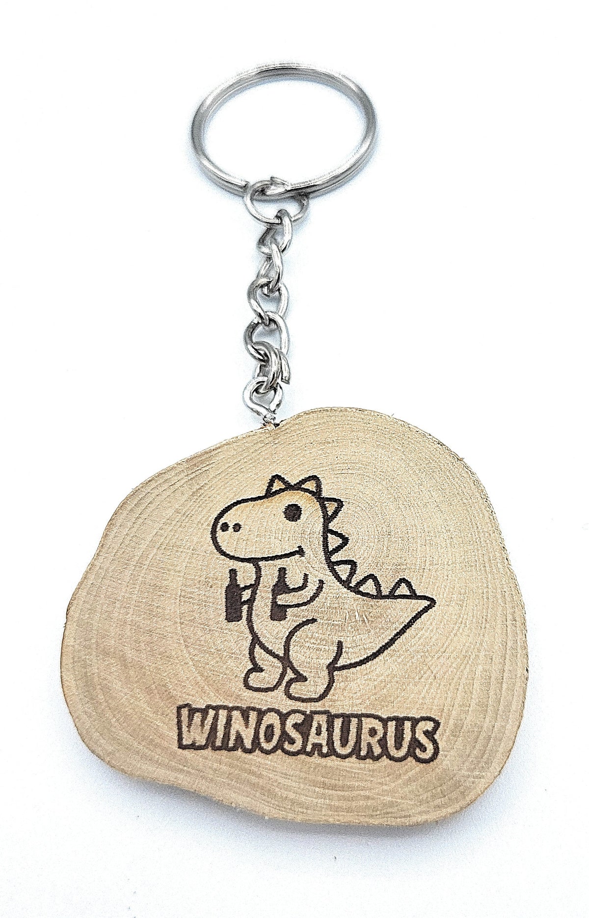 Lustiger "Winosaurus" Weinspruch Handgefertigter und naturbelassener Einzelstück Schlüsselanhänger aus Holz