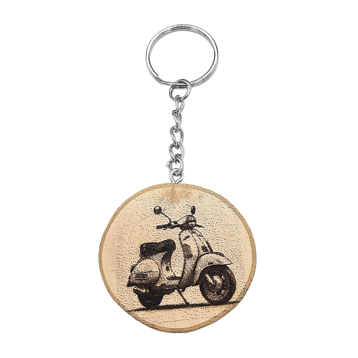 Legendärer Vespa Scooter Handgefertigter und naturbelassener Einzelstück Schlüsselanhänger aus Holz