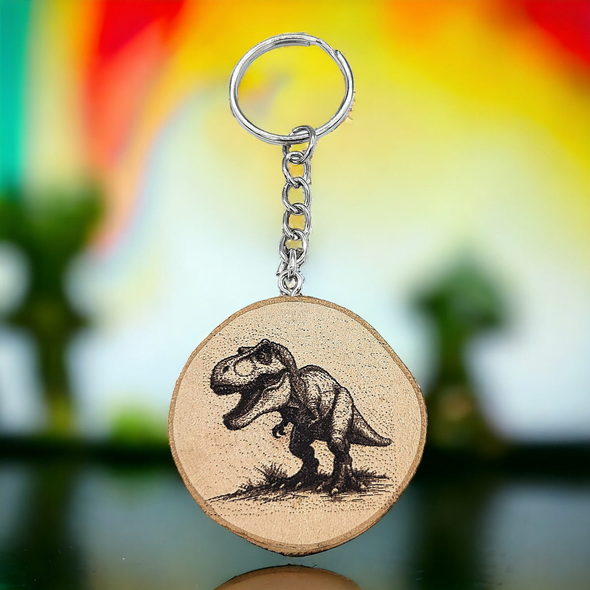 T-REX Dinosaurier Handgefertigter und naturbelassener Einzelstück Schlüsselanhänger aus Holz