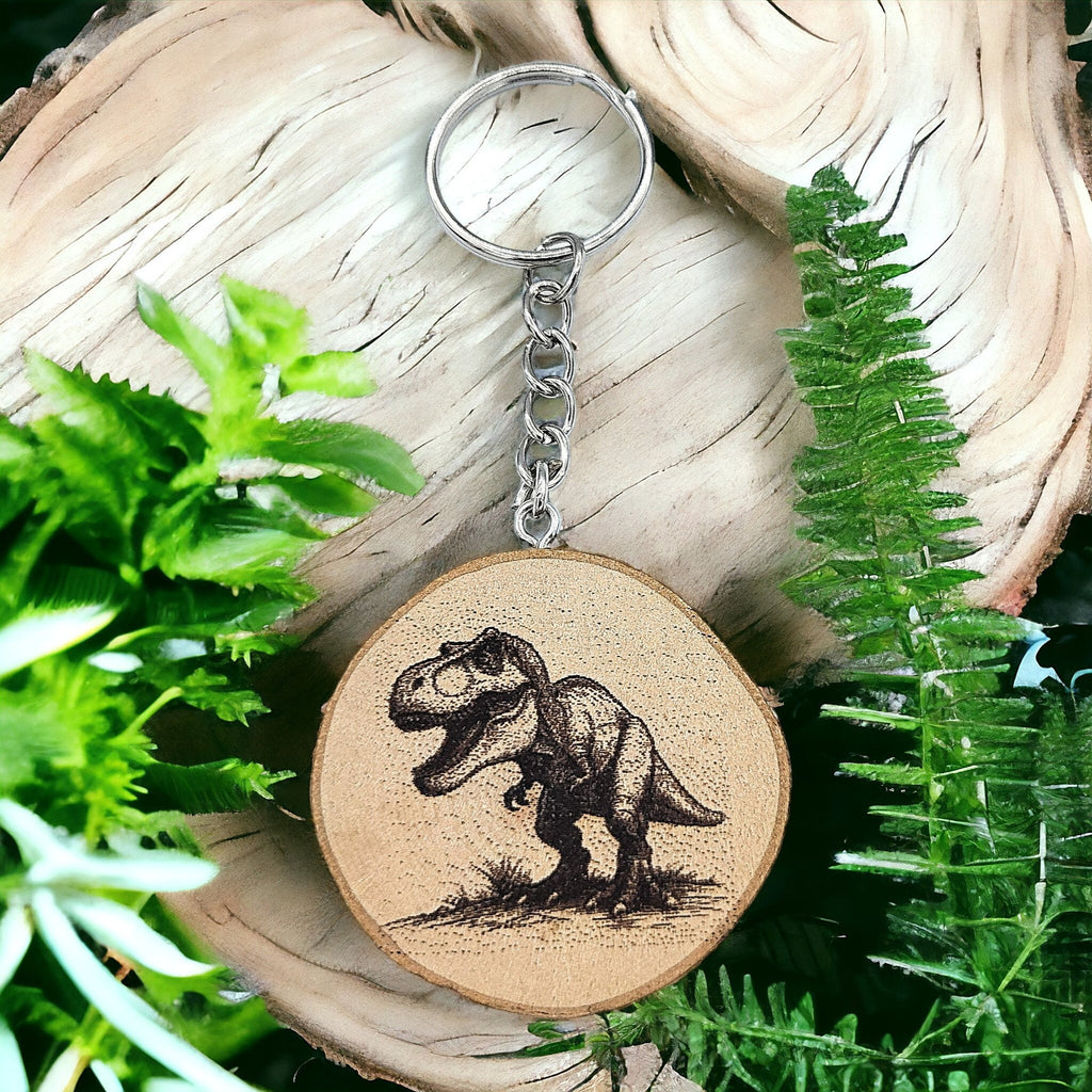 T-REX Dinosaurier Handgefertigter und naturbelassener Einzelstück Schlüsselanhänger aus Holz