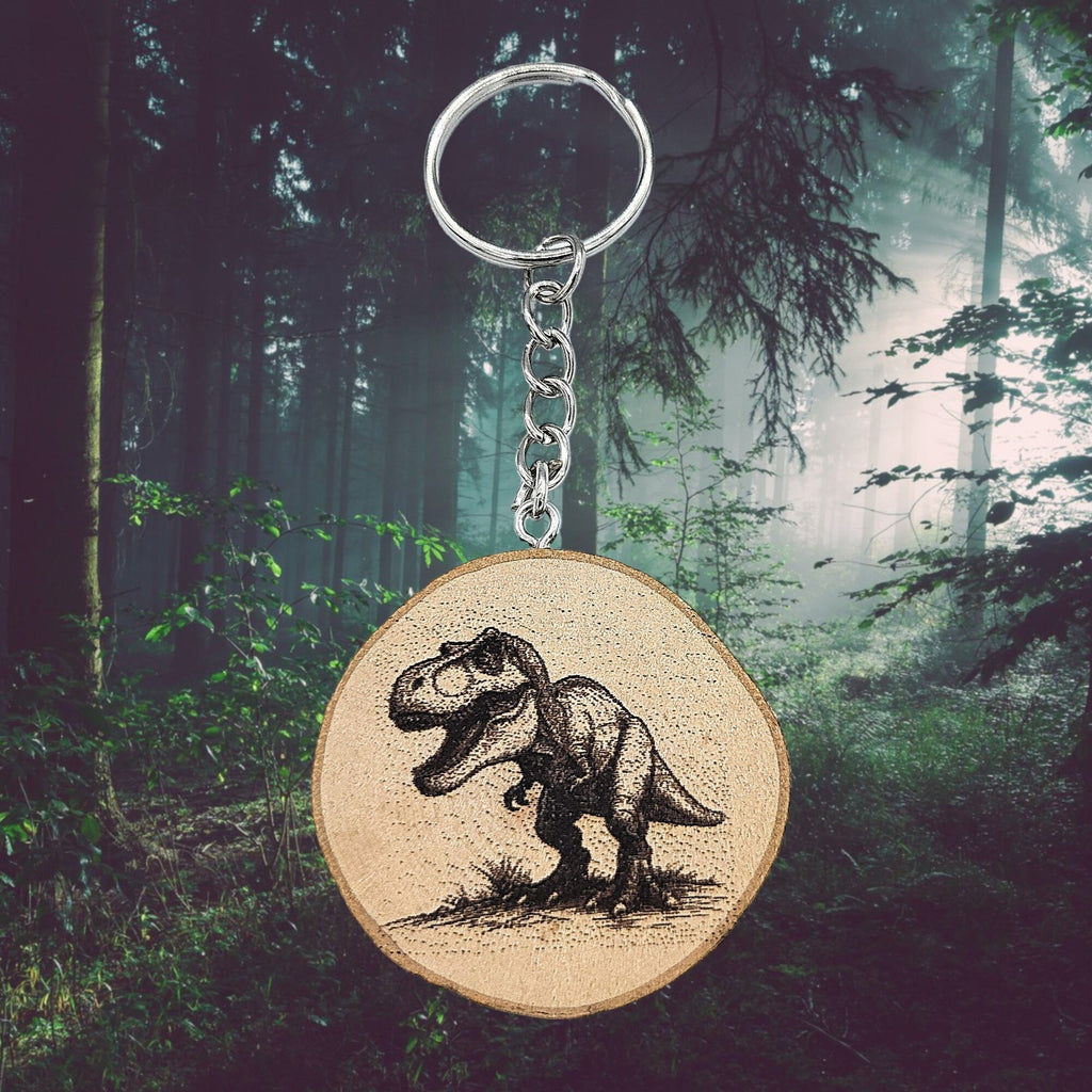 T-REX Dinosaurier Handgefertigter und naturbelassener Einzelstück Schlüsselanhänger aus Holz