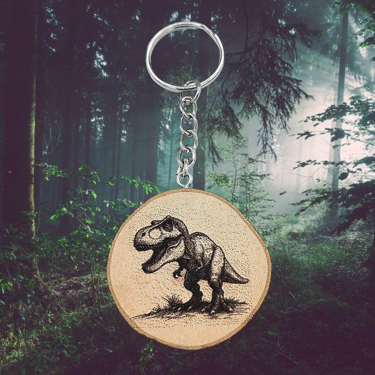 T-REX Dinosaurier Handgefertigter und naturbelassener Einzelstück Schlüsselanhänger aus Holz
