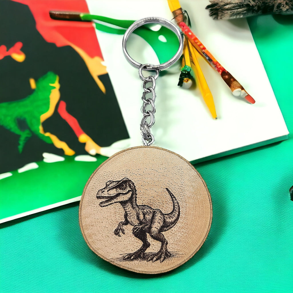Velociraptor Dinosaurier Handgefertigter und naturbelassener Einzelstück Schlüsselanhänger aus Holz