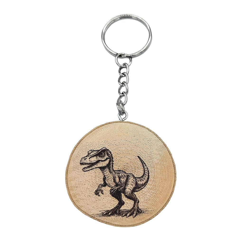 Velociraptor Dinosaurier Handgefertigter und naturbelassener Einzelstück Schlüsselanhänger aus Holz