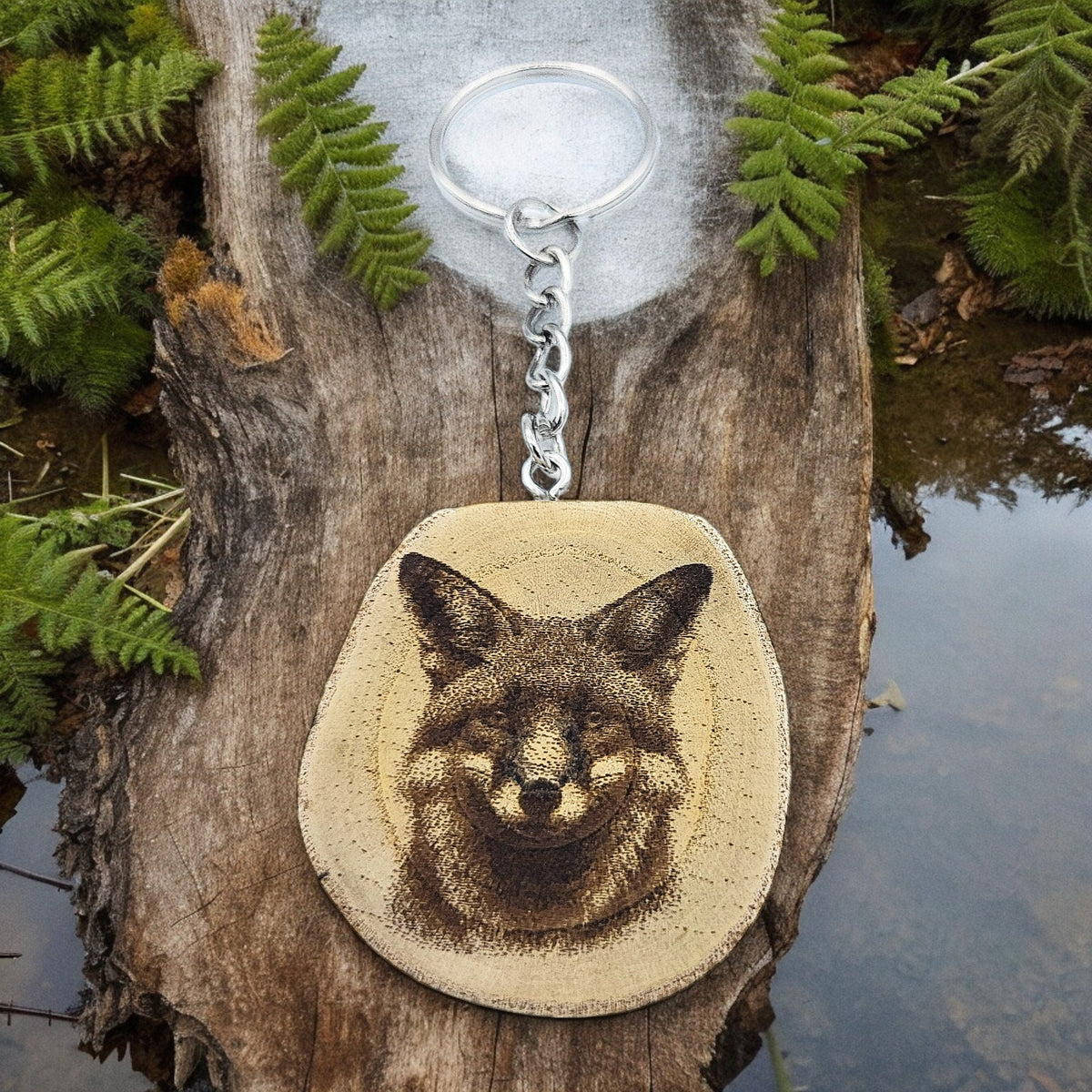 Schlauer Fuchs Handgefertigter und naturbelassener Einzelstück Lasergravierter Schlüsselanhänger aus Holz
