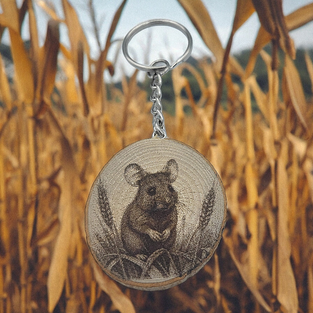 Feldmaus Handgefertigter und naturbelassener Einzelstück Lasergravierter Schlüsselanhänger aus Holz