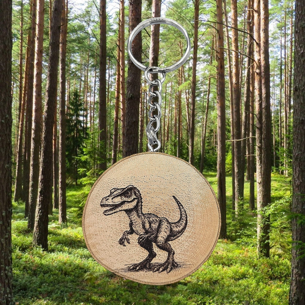 Velociraptor Dinosaurier Handgefertigter und naturbelassener Einzelstück Schlüsselanhänger aus Holz
