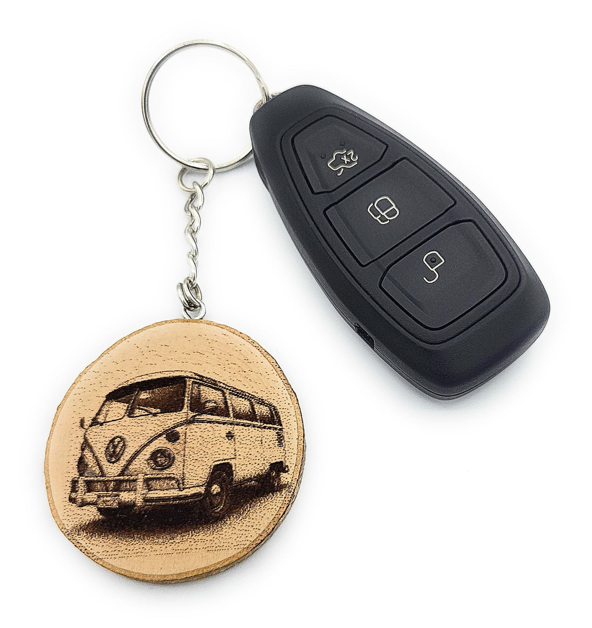 Legendäres Camper Van Handgefertigter und naturbelassener Einzelstück Schlüsselanhänger aus Holz