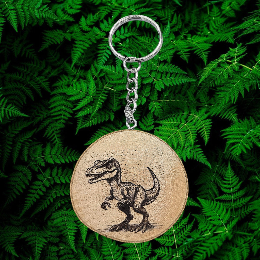 Velociraptor Dinosaurier Handgefertigter und naturbelassener Einzelstück Schlüsselanhänger aus Holz