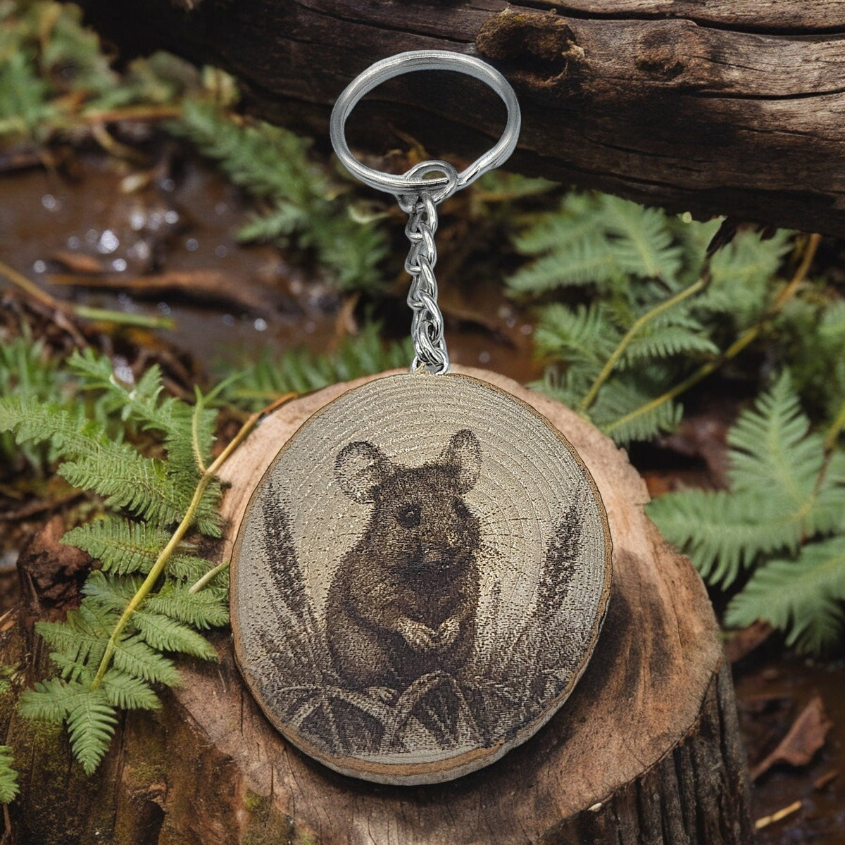 Feldmaus Handgefertigter und naturbelassener Einzelstück Lasergravierter Schlüsselanhänger aus Holz