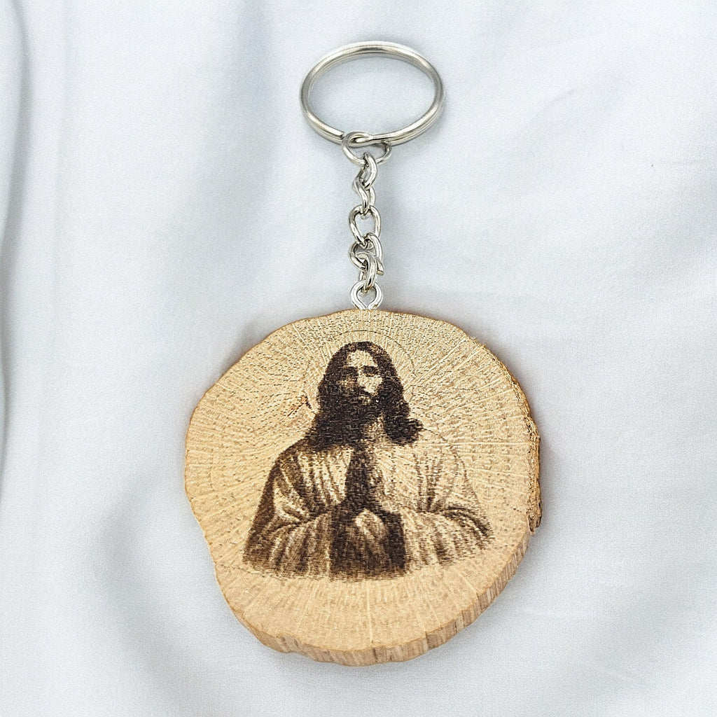 Jesus Christus Handgefertigter und naturbelassener Einzelstück Schlüsselanhänger aus Holz