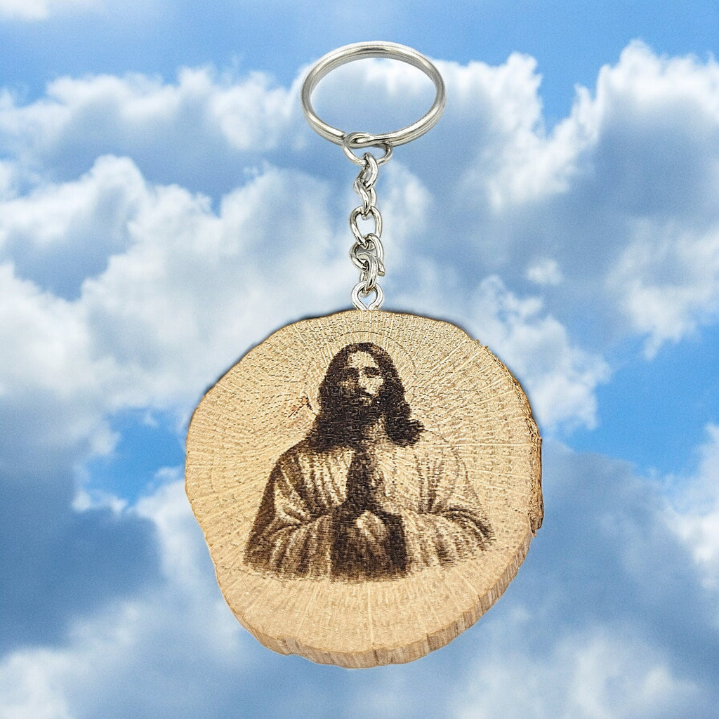 Jesus Christus Handgefertigter und naturbelassener Einzelstück Schlüsselanhänger aus Holz