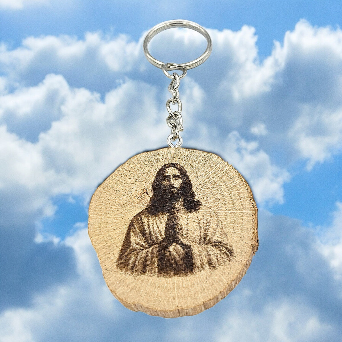 Jesus Christus Handgefertigter und naturbelassener Einzelstück Schlüsselanhänger aus Holz