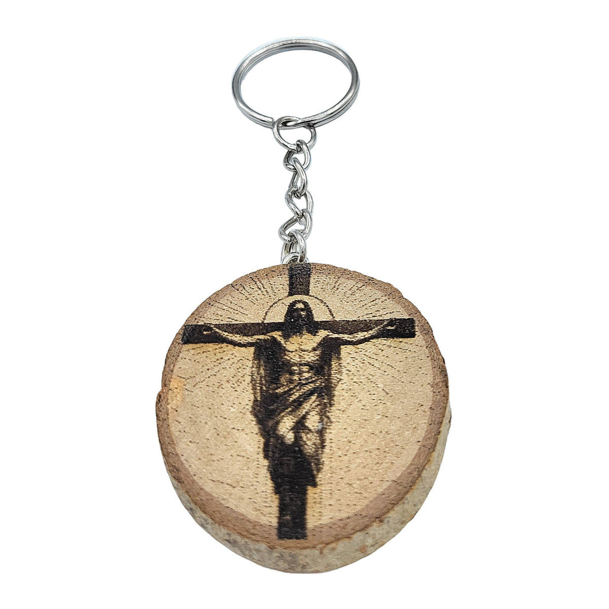 Die Kreuzigung Jesu Handgefertigter und naturbelassener Einzelstück Schlüsselanhänger aus Holz