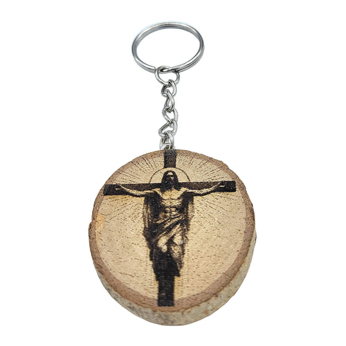 Die Kreuzigung Jesu Handgefertigter und naturbelassener Einzelstück Schlüsselanhänger aus Holz