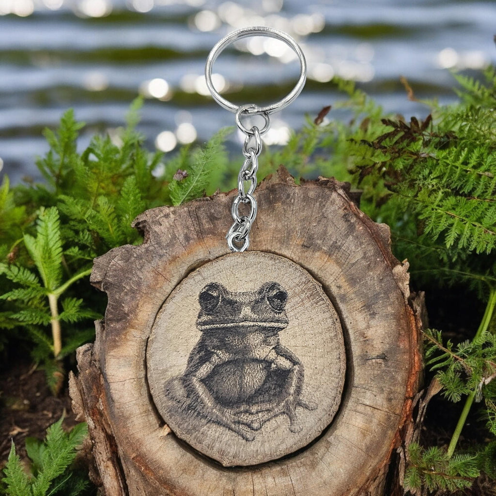 Grüner Baumfrosch Handgefertigter und naturbelassener Einzelstück Lasergravierter Schlüsselanhänger aus Holz