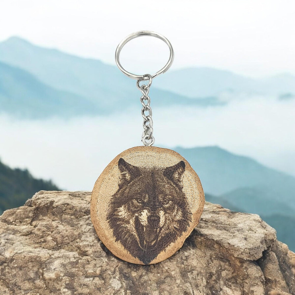 Der Timberwolf - Handgefertigter und naturbelassener Einzelstück Lasergravierter Schlüsselanhänger aus Holz