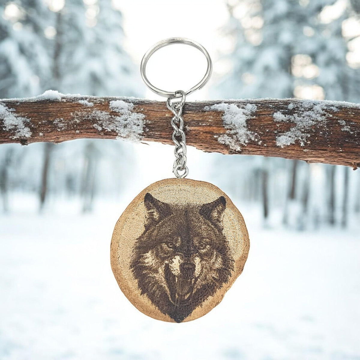 Der Timberwolf - Handgefertigter und naturbelassener Einzelstück Lasergravierter Schlüsselanhänger aus Holz