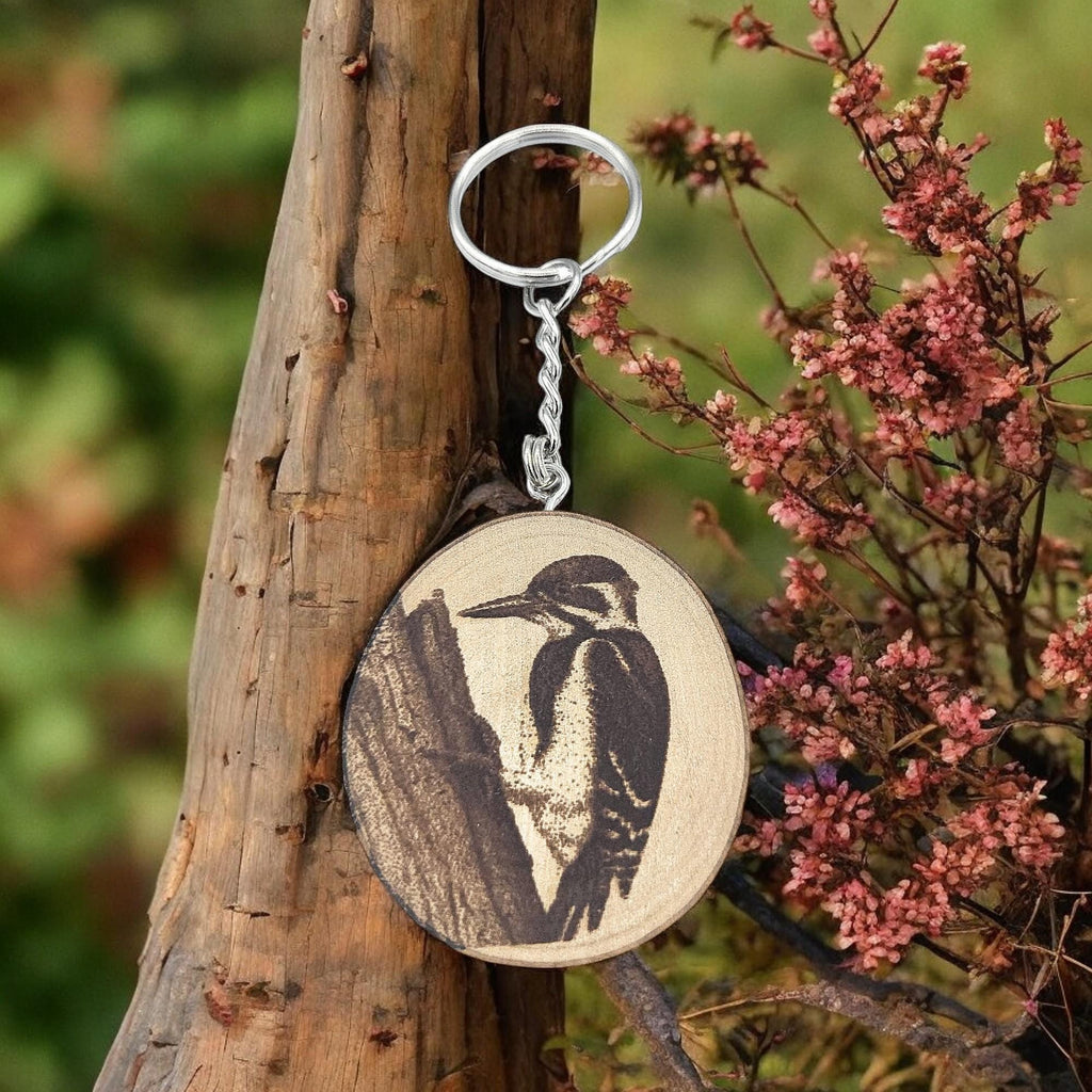 Der Specht - Handgefertigter und naturbelassener Einzelstück Lasergravierter Schlüsselanhänger aus Holz