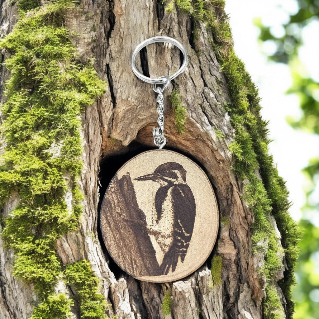 Der Specht - Handgefertigter und naturbelassener Einzelstück Lasergravierter Schlüsselanhänger aus Holz
