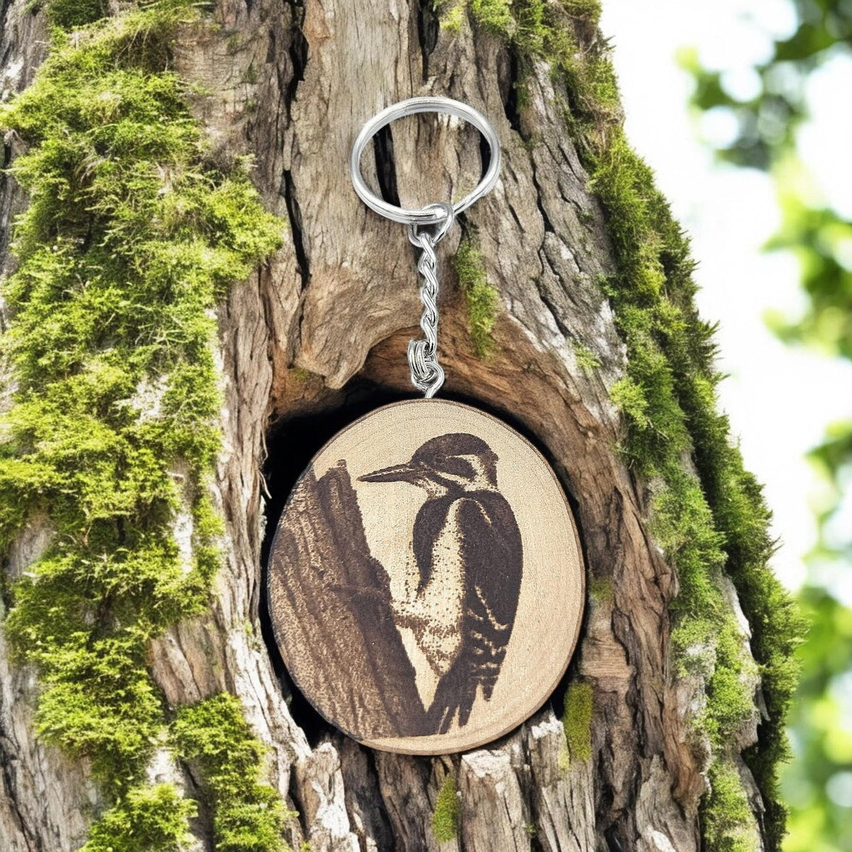 Der Specht - Handgefertigter und naturbelassener Einzelstück Lasergravierter Schlüsselanhänger aus Holz